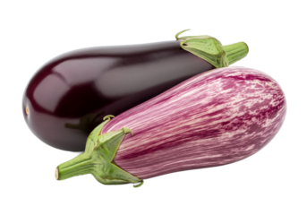 Two vibrant fresh eggplants one deep purple and one striped graffiti variety isolated on a clean black background showcasing healthy produce