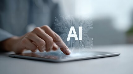 Businessman is using tablet accessing artificial intelligence with futuristic interface, touching ai letters on digital tablet, exploring virtual world of innovative technology