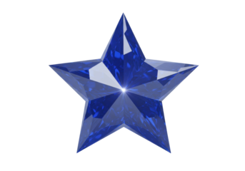 Blue star isolated on transparent background, five-pointed star shape with facets for graphic design and decoration