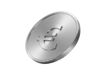 Silver euro coin isolated on transparent background, currency of the European Union in a realistic style