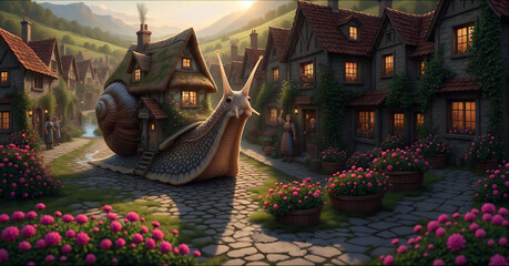 Depicting a house move, a whimsical giant snail carries a house on its back while people wave goodbye, blending fantasy and imagination in a surreal farewell.