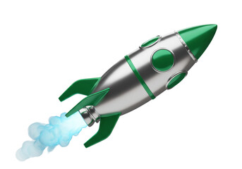 Green and silver rocket ship PNG isolated on transparent background, startup concept for business and technology