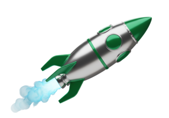 Green and silver rocket ship PNG isolated on transparent background, startup concept for business and technology