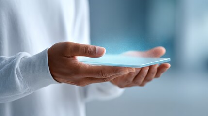Businessperson gripping translucent digital tablet, revealing holographic data visualization with luminescent particles inside sleek corporate workspace