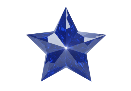 Blue star isolated on transparent background, five-pointed star shape with facets for graphic design and decoration