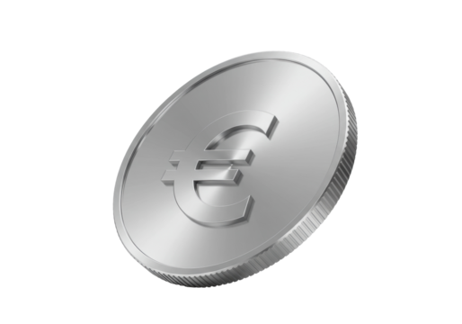 Silver euro coin isolated on transparent background, currency of the European Union in a realistic style