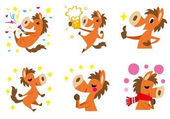 手描きのゆるい馬キャラクター　午年　年末年始セット　(パーティー、新年会、初詣)