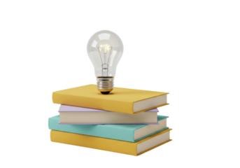 Light bulb on stack of books isolated, concept of knowledge and education in 3D rendering on transparent background