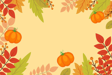 Autumn background with bright autumn leaves and pumpkin.