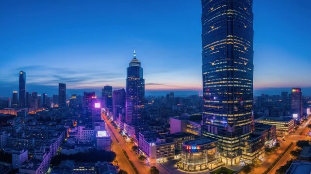 Cityscape at twilight with tall skyscrapers, vibrant city lights, architecture, and bustling urban scene