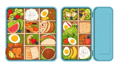 Two meticulously organized bento boxes brimming with a variety of colorful, healthy foods