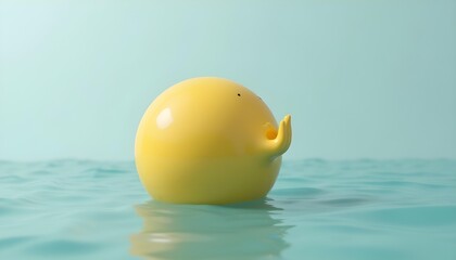 Abstract Yellow Ball Floating on Blue Water Surface with Light Aqua Background
