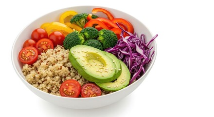 Vibrant and healthy quinoa bowl bursting with colorful fresh vegetables and creamy avocado, a perfect meal for wellness and nutrition