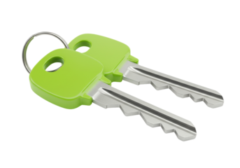 Two green keys on a keyring isolated, modern house keys for security and access control, PNG