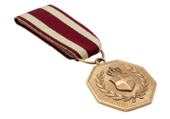 Gold Maltese Cross medal with crown isolated, award for service and achievement with red and white striped ribbon, no background