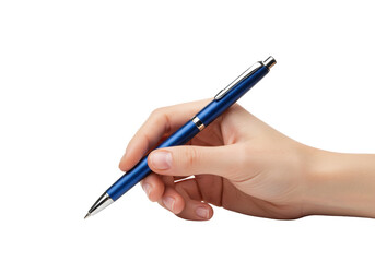 Blue metal ballpoint pen held in hand isolated on transparent background, writing instrument for office and design use