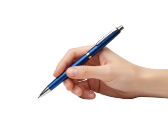 Blue metal ballpoint pen held in hand isolated on transparent background, writing instrument for office and design use