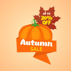 Autumn sale. Autumn sale banner with pumpkin and maple leaf. Vector illustration.