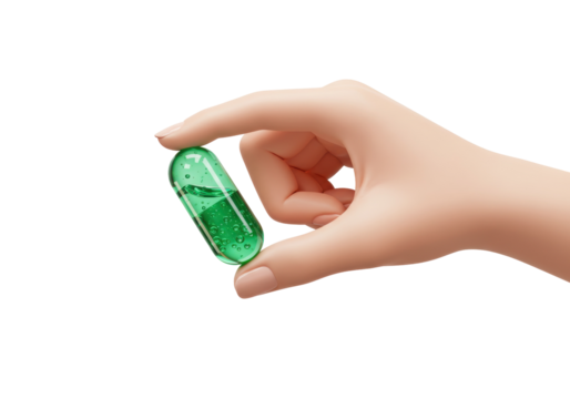 Green capsule held in hand isolated PNG, transparent medicine pill with liquid for healthcare and pharmaceutical use