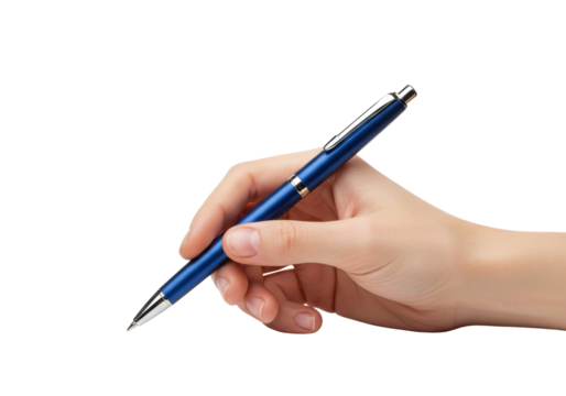 Blue metal ballpoint pen held in hand isolated on transparent background, writing instrument for office and design use