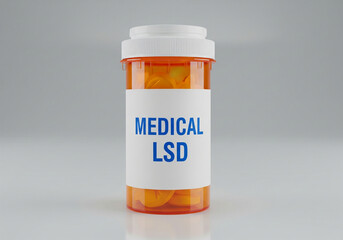 A clear amber prescription pill bottle with a white cap labeled medical lsd stands upright on a reflective surface against a neutral gray background symbolizing controlled substance