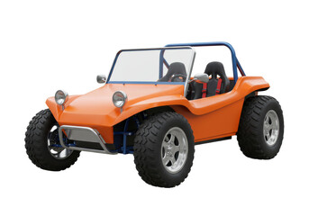 Orange dune buggy isolated, off-road vehicle with blue frame and silver wheels, open-top car for recreation and adventure