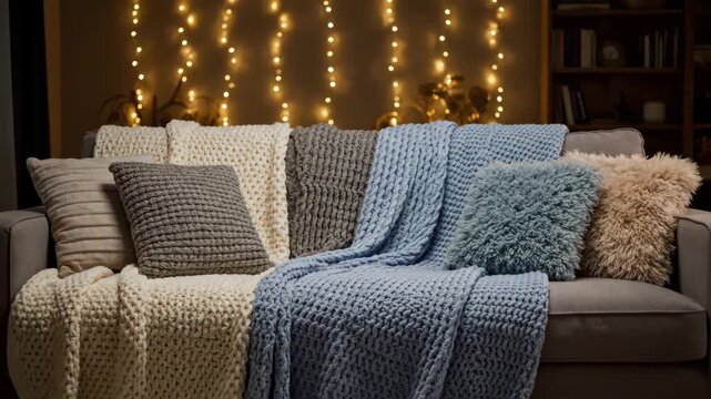 Cozy Living Room During Evening in Apartment With Blankets and Pillows on Sofa Illuminated by String Lights