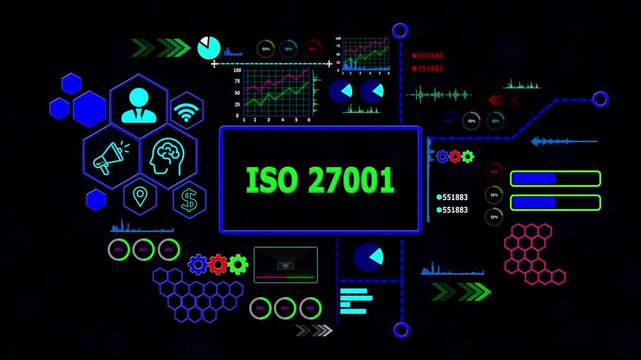 Iso 27001 concept with Data Analytics, Business Graphics, loading bar, gearbox, Asymptotic smart data analytic,4k video