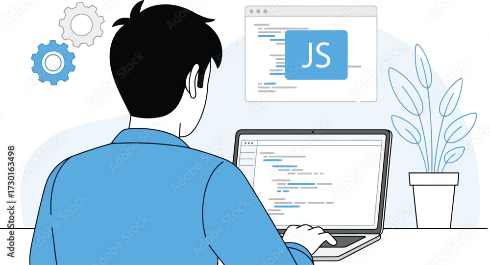 Wall mural man coding javascript on laptop, back view, isolated on white background