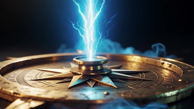 Illuminated Compass: A captivating close-up unveils an antique compass radiating with an ethereal electrical energy, its intricate design exuding a sense of mystery.