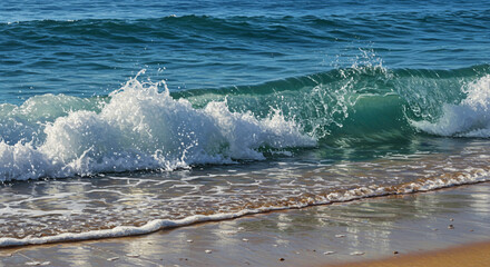 Obraz premium Dynamic capture of a crystal clear turquoise wave curling and breaking on a sunlit sandy shore with frothy white seafoam