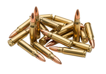 A close up studio shot of a pile of brass rifle cartridges with pointed projectiles against a stark black background showcasing their metallic texture and ammunition detail