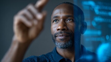 Skilled software engineer interacting with holographic ai interface, processing digital information in dimly lit technological workspace, advancing data visualization techniques