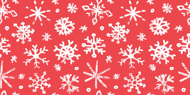 Seamless pattern with cute hand drawn snowflakes in doodle style. Red winter wallpaper, charcoal texture, ornate child drawings. Decoration, background for Christmas, New Year designs, greeting cards.