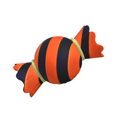 A festive 3D Halloween candy, wrapped in orange and black striped paper, is secured by two golden bands.