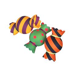 Three 3D stylized Halloween candies are wrapped in vibrant, patterned papers: one with yellow and purple stripes, one with green and red polka dots, and one with orange and black stripes.