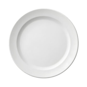 Empty white plate isolated on transparent background, top view, studio shot