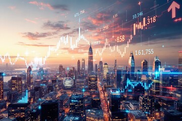 Futuristic stock market business concept with financial graphs over modern city skyline at sunset illustrating economic growth and technology innovation. Ai generative