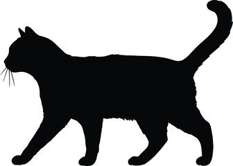 Black cat silhouette walking forward, feline animal vector illustration, isolated pet design element, graphic artwork shape for decoration and logo