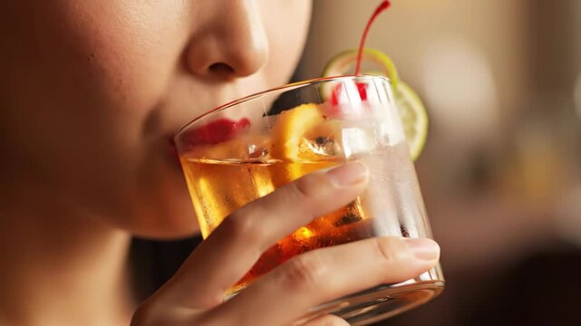 Woman With Red Lips Holds Old Fashioned Cocktail Garnished With Orange Slice and Maraschino Cherry