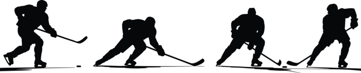 Fototapeta premium Ice hockey players silhouette, dynamic sports action, skating and striking poses, athletic movement illustration, puck control concept, team gameplay art, winter sport scene