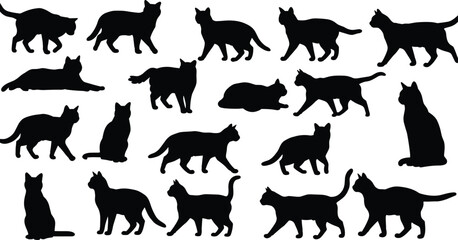 Black cat silhouettes in various poses, walking, sitting, laying, standing, pet animal vector illustration, isolated feline shapes for design use