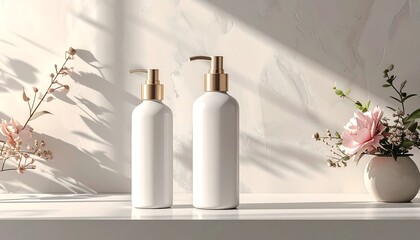 Two white bottles with gold pumps sit on a shelf, flanked by flowers in soft sunlight