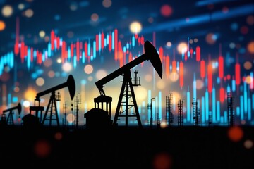 Oil pump jacks and refinery silhouettes with stock market candlestick chart and bokeh lights in background representing energy business concept. Ai generative
