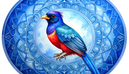 Colorful bird in a decorative blue circle