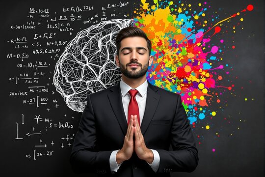 Businessman meditating with colorful brain concept of creativity and logic on chalkboard background, combining art, science, and mindfulness in business. Ai generative