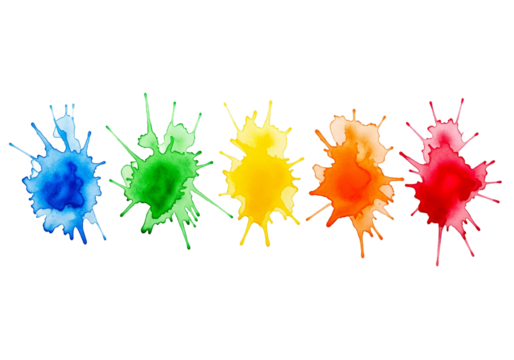 Vibrant rainbow colored paint splatters in a dynamic abstract pattern against a stark black background representing creativity and artistic expression