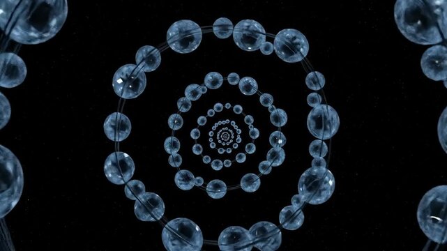 Abstract spiral of crystal beads on string against black background. Shiny crystal, sparkling, and luxurious pattern design element.