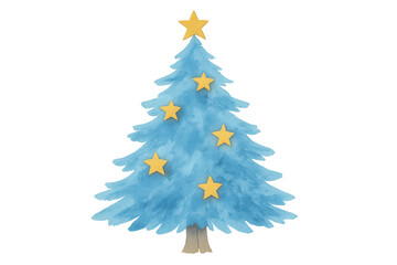 Christmas tree with blue watercolor texture and yellow cutout stars, holiday decoration element on transparent background