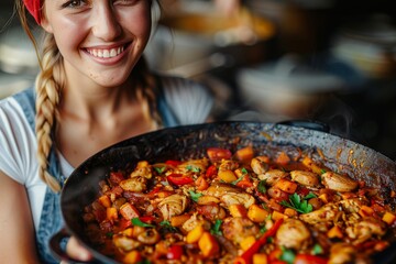 Smiling woman serves a colorful dish with chicken and vegetables at a vibrant outdoor market during a sunny afternoon